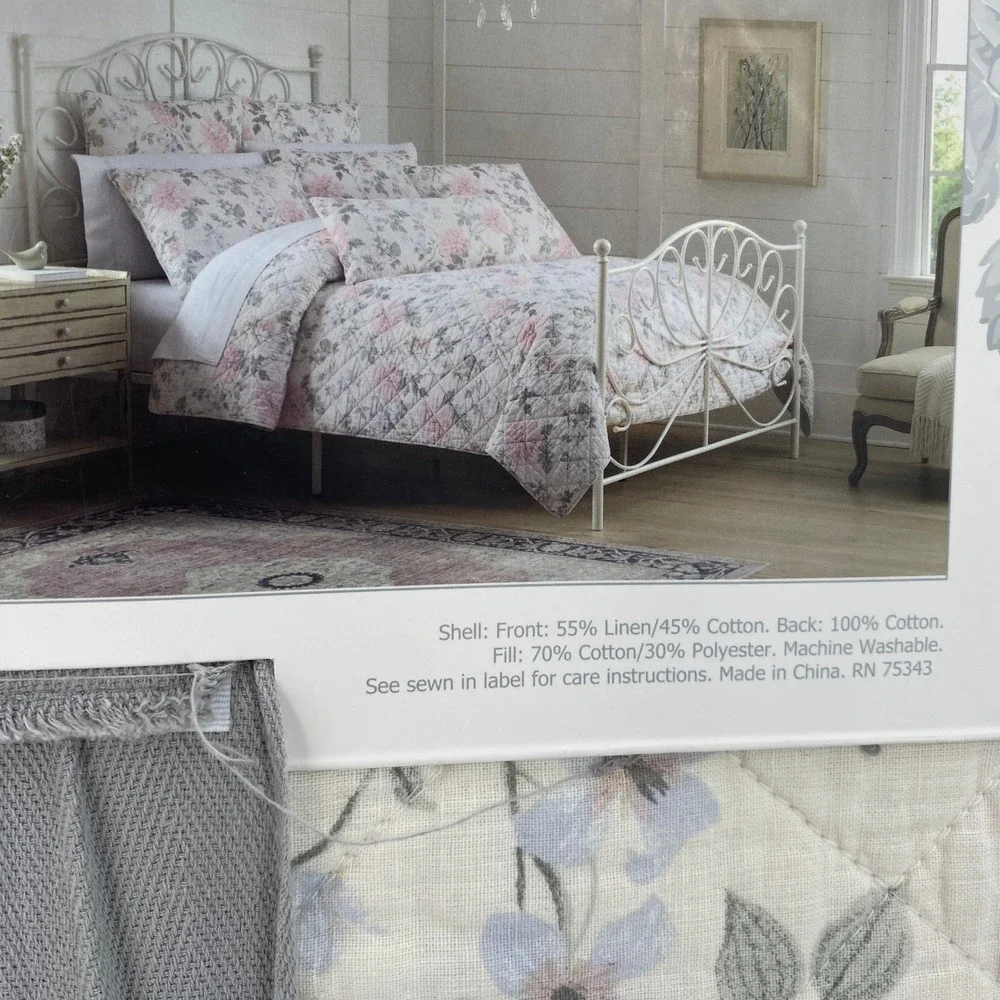 Shabby Chic Linen Cotton Quilt KING Pink Rose Floral Cream Bedding Romantic